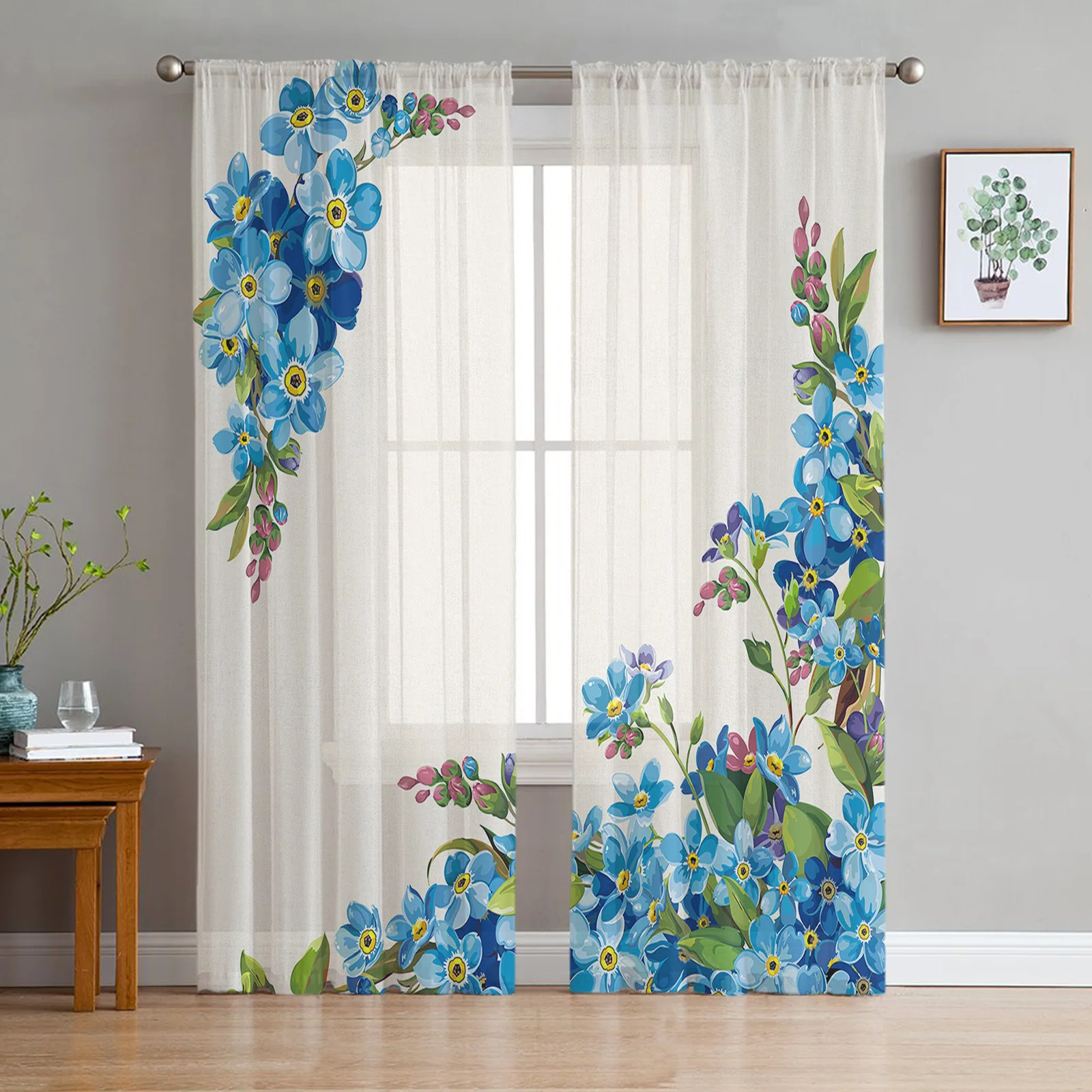 Blue Don'T Forget Me Watercolor Flowers Window Curtains For Living Room Bedroom Kitchen Chiffon Sheer Window Treatment