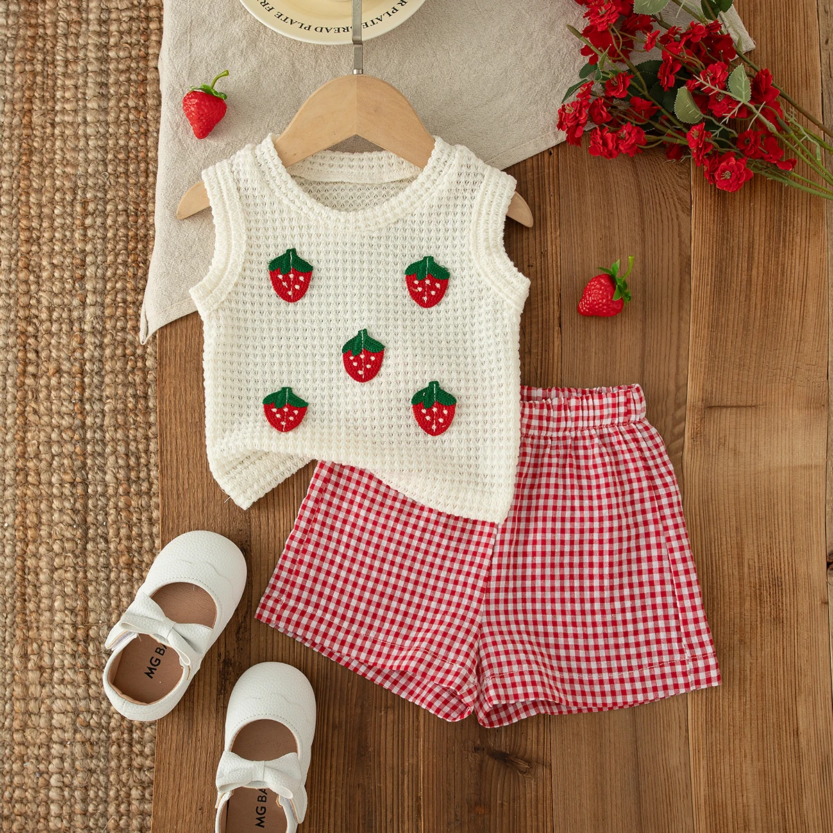 Toddler Girl Korean Style Set Strawberry Decor Sleeveless Tops with Red Plaid Shorts Girls Summer Beach Travel Clothing