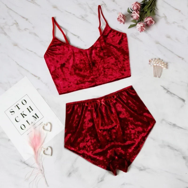 Pigiama Set donna Sexy rosa rosso raso di seta pigiama di velluto Sleep Wear Robe Nightwear Sexy Lingerie Pj Set Sleepwear