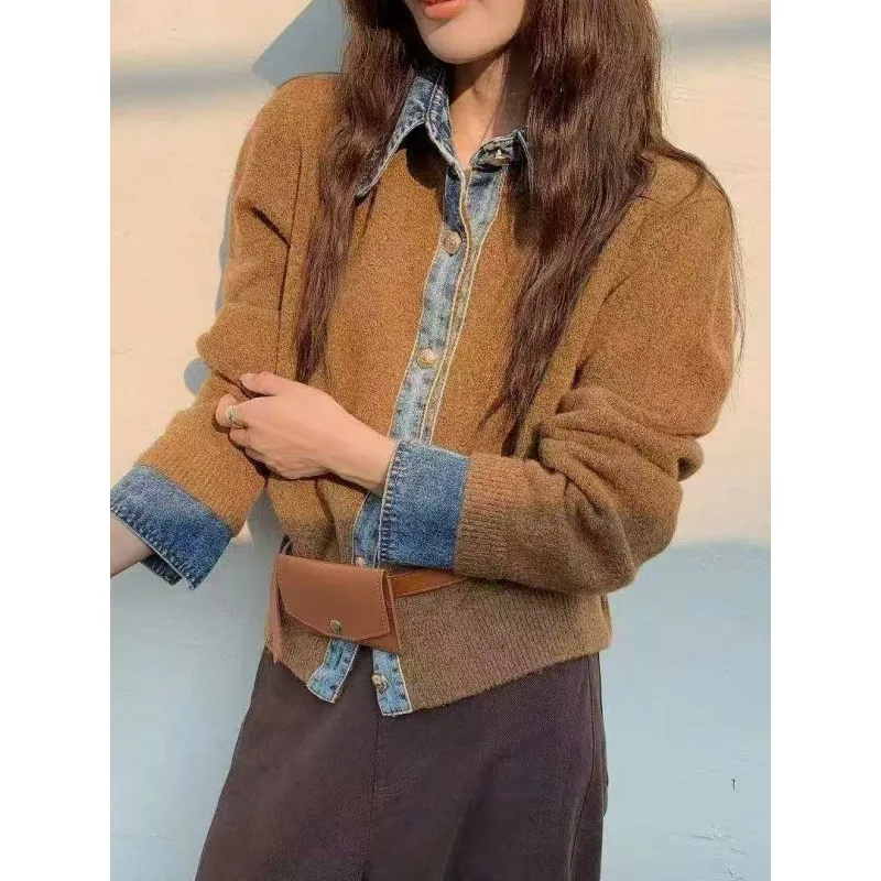 

Tinaa Vintage Kint 6 цветов Куртки для женщин 2025 Осень Зима Однобортные карманы с лацканами Повседневные лоскутные джинсовые пальто 193948