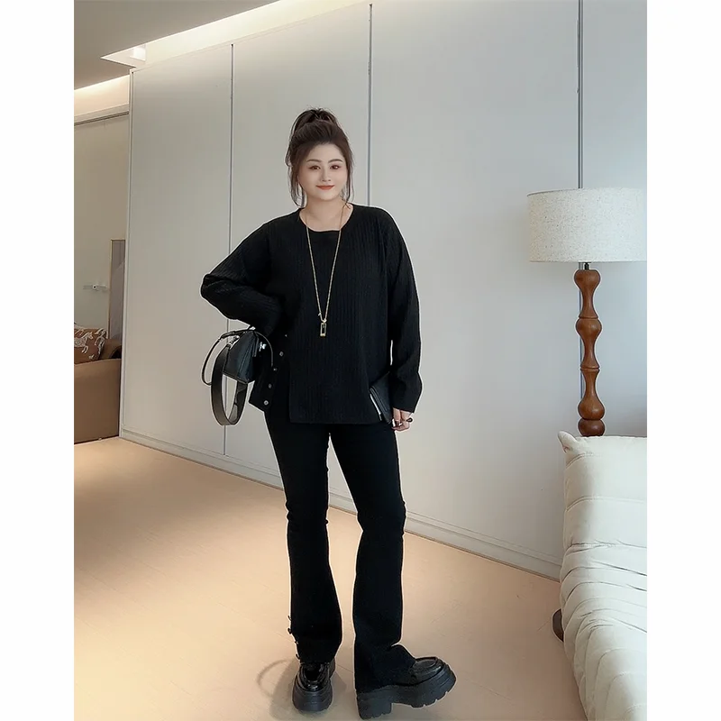 

Брюки-клеш Fangjiajia Thiened Fce, черные, длинные, повседневные, для женщин, осень-зима, большие размеры, H624K5476