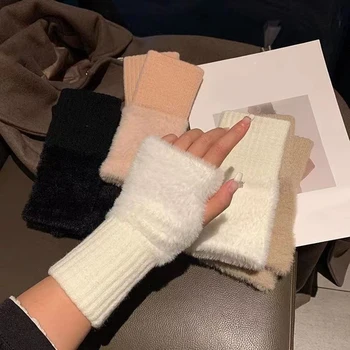 Imitação de lã de vison macio inverno metade dedo luvas femininas quente pelúcia malha luva sem dedos luvas de pulso