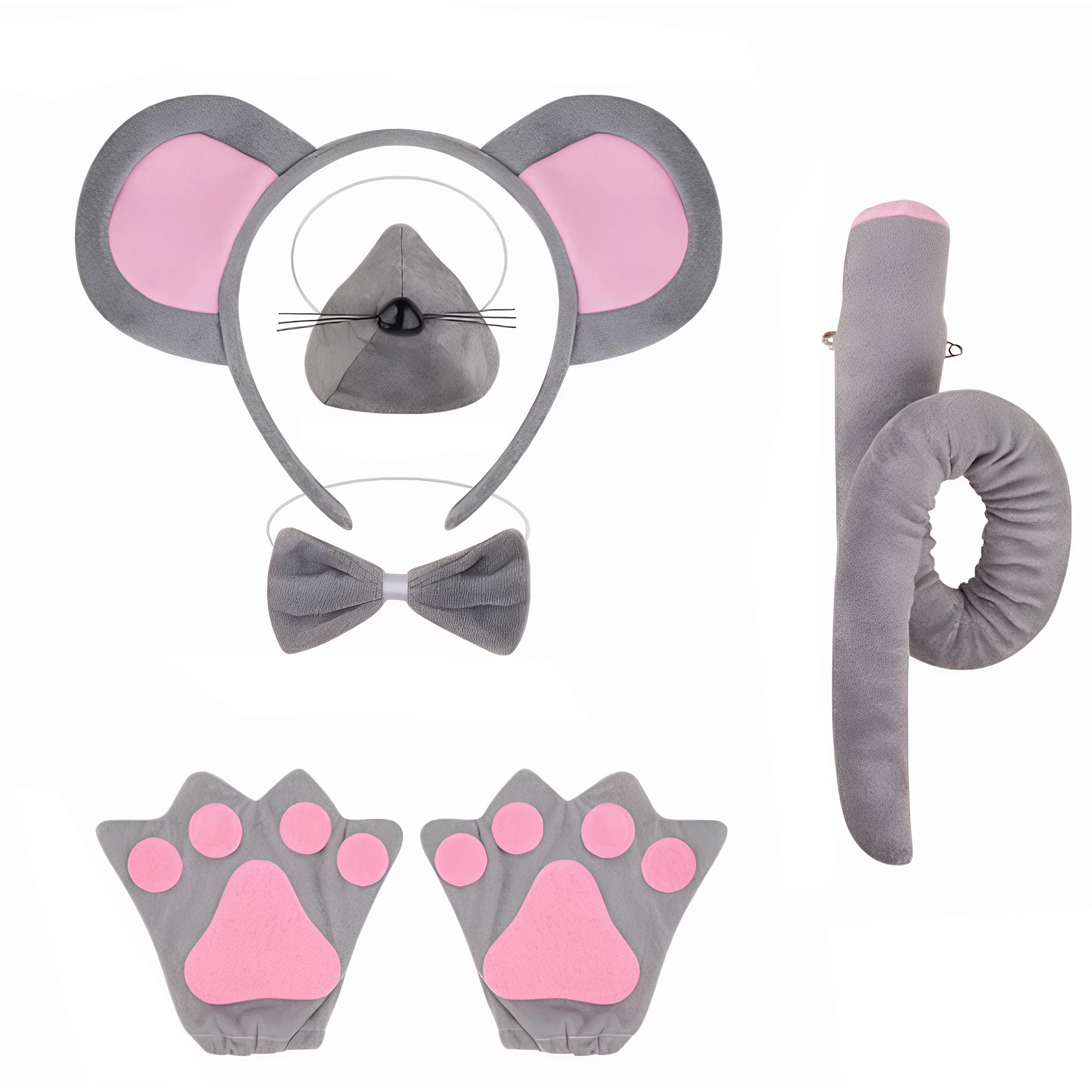Nuevo disfraz de Rat Mouse, vestido tutú gris con orejas, cola, pajarita, nariz, disfraces de ratones de animales para niñas, vestido de fiesta de cumpleaños y Halloween