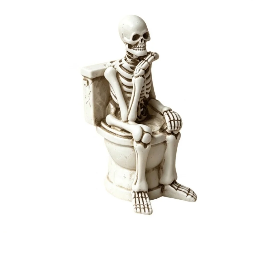 Vintage Skeleton on Toilet Figurine Gothic Resin Halloween Skeleton Statue Fade-Proof Spooky Atmosphere