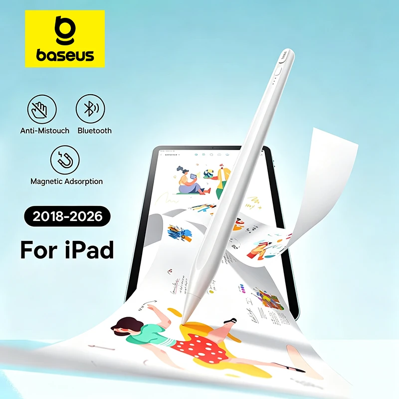 Baseus 第3世代 Bluetooth スタイラスペン。Apple Pencilに対応し、手のひらの誤認識を防ぎます。iPad Pro、Mini、Air（2026-2018年モデル）などのタブレットで使用可能。