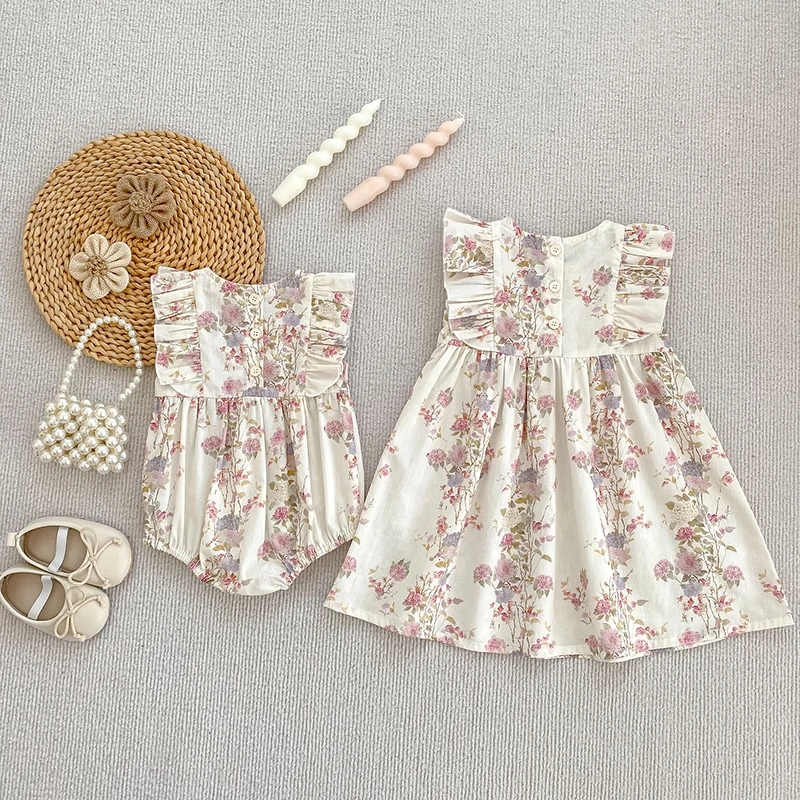 Girls Pink Floral Dress Ruffle Baby Romper Dress Summer Kids Short Sleeve  Beach Dresses Toddler Bodysuit Sister Family Clothes - AliExpress 1501