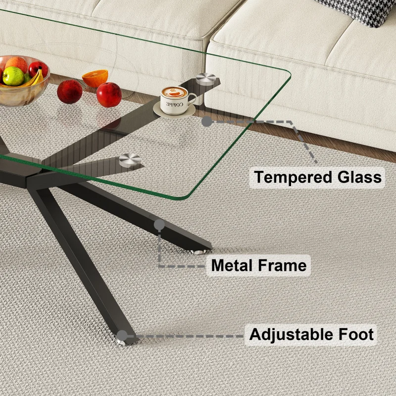 39.37" Rectangular Clear Tempered Glass Table Stylish With Black Metal Legs Coffee Table For Living Room Exquisite Simplicity