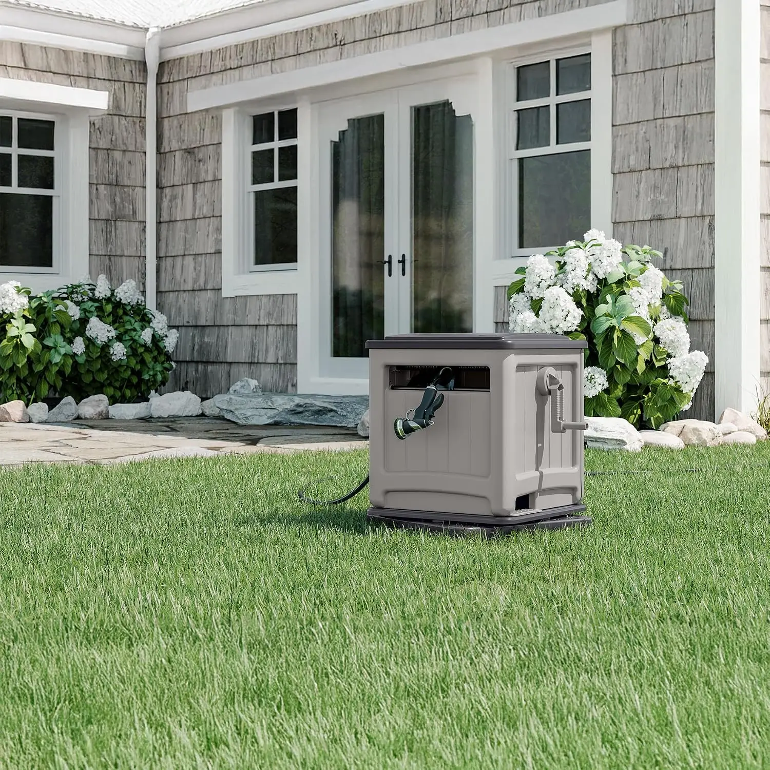 Swivel Base Garden Hose Hideaway Reel Dove Gray & Cyberspace Finish Built with Smart Trak Hose Guide, Accommodates 225 Foot 5/8 Inch Garden Hose Space-Saving Outdoor Water Hose Storage for Lawn and Yard