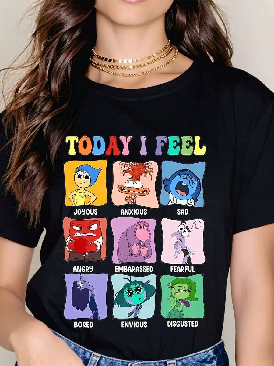 Today I Feel Emotions Cartoon Characters T-Shirt Women's Black Graphic Tee Fun Mood Expression Shirt Casual Top