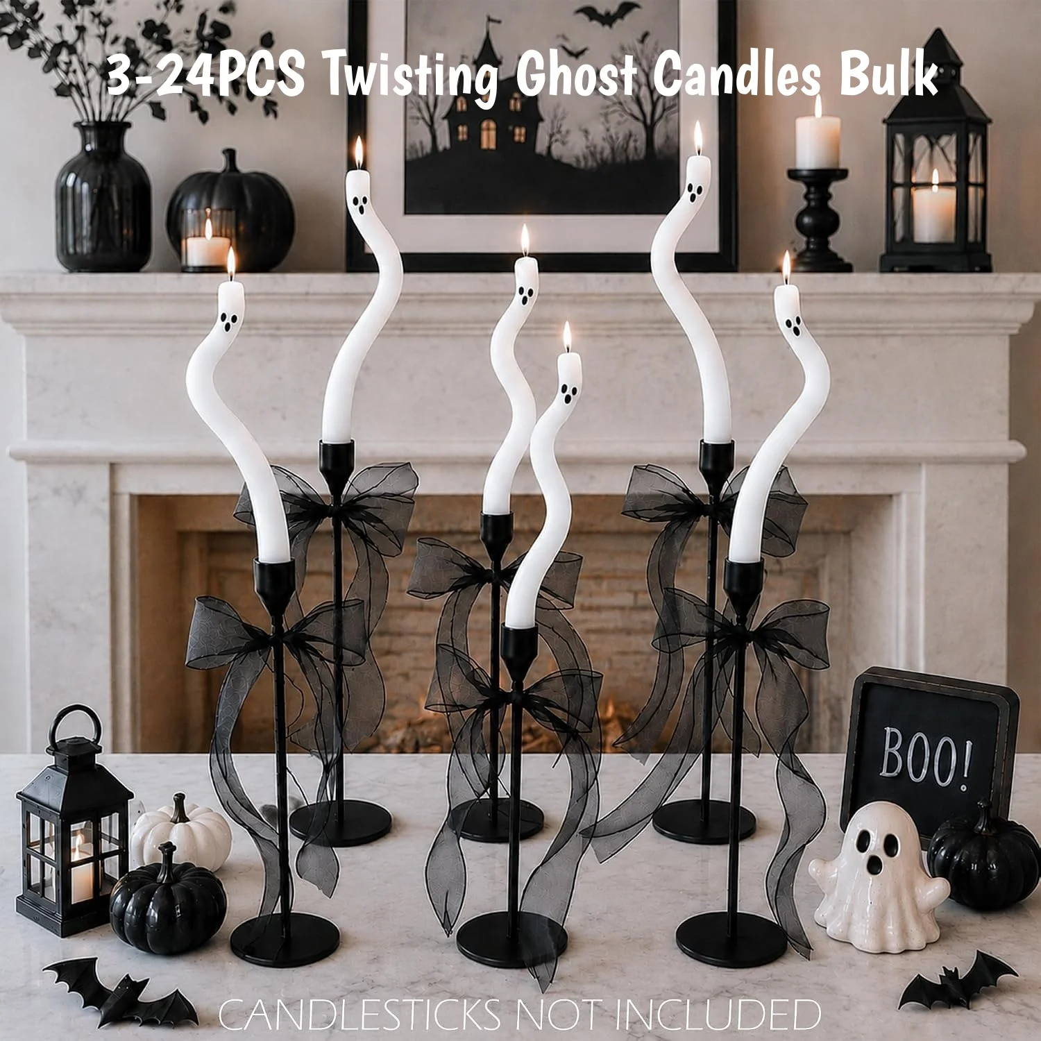 3-24PCS Twisting Ghost Candles Bulk Taper Candles Halloween centerpieces Party Tables Fireplace Decor(Candlesticks not Included)