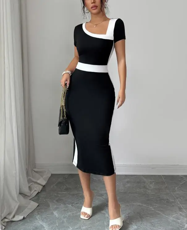 

Fashionable 2026 Spring/summer Women's Dress with Elegant and High End Tone Collar Color Blocked Dress Commuting Elegant Dress