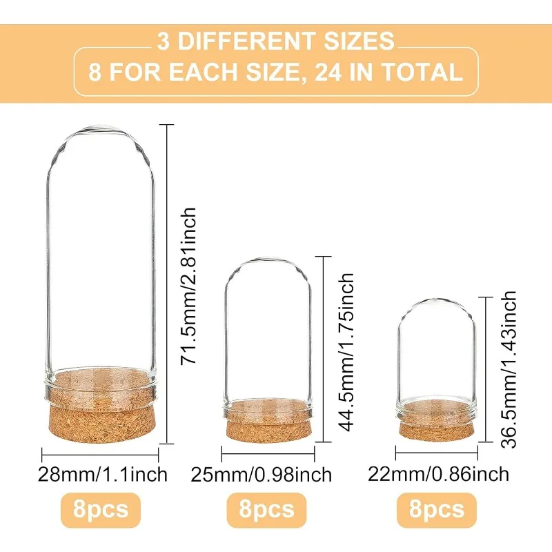 24 Pack Glass Jars Bottles 3 Mixed Size Dome Cloche Cover Decoration Bottles with Cork Stoppers for Mother\'s Day Wedding Party