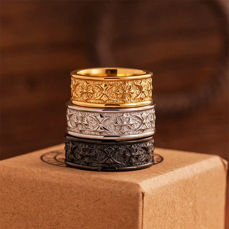 Vintage European Exquisite Engraved Cross Flower Ring for Men Women Unisex Couple Titanium Steel Closed Band Large Size Ring