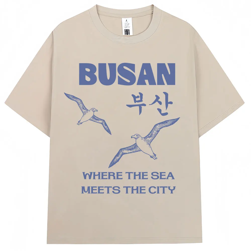 Korean Style Busan Seagull Graphic T Shirts Men Women Harajuku Fashion 90s Vintage T-shirt Cotton Oversized Casual T Shirt Gifts