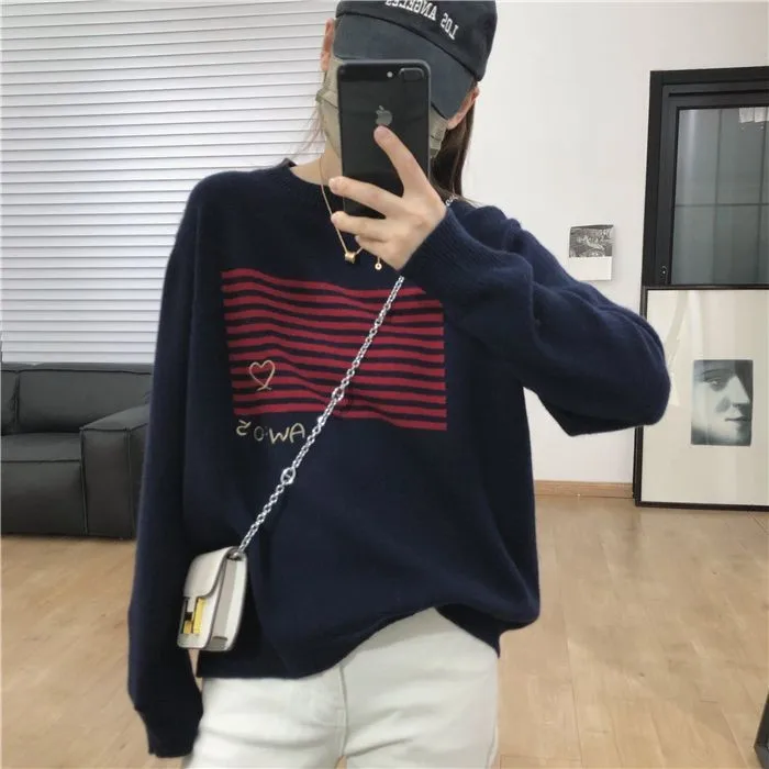 2022 new autumn and winter leisure 100% woolen sweater women\'s creative embroidery O-neck 100% woolen Pullover women\'s loose fas