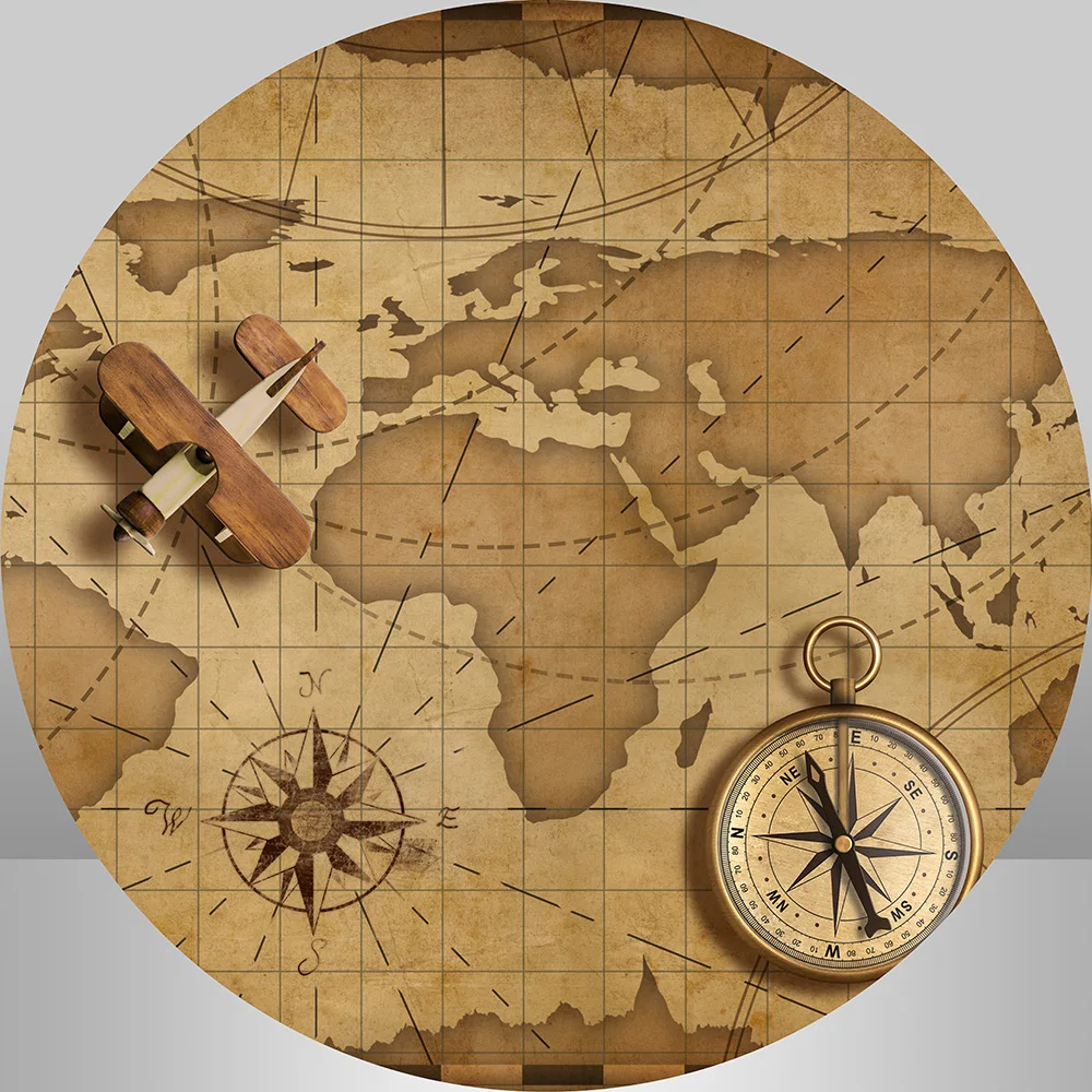 Circle Round Backdrops for Photography Studio Old Nautical Vintage World Map Travel Professional Background Photobooth Photocall