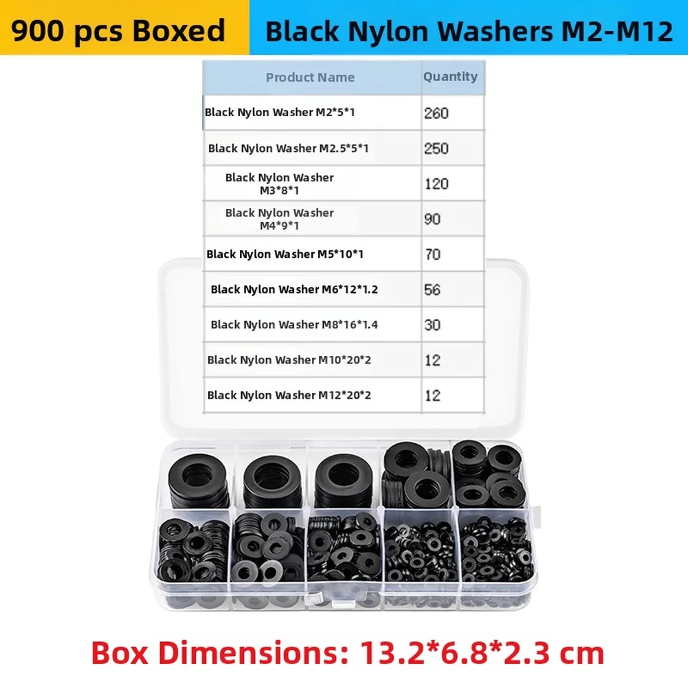 Nylon Flat Washers 900PCS Black Assortment for M2 to For M12 with Shiny Smooth Finish for Easy Handling and Fit