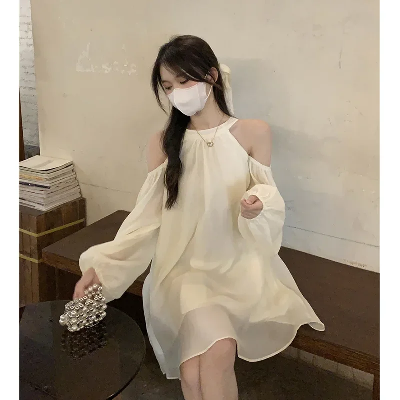 Off-the-shoulder Halter Neck Design Sensible Dress New Spring Autumn 2023 Loose Fit Fashionable Elegant White A- line Skirt Wome