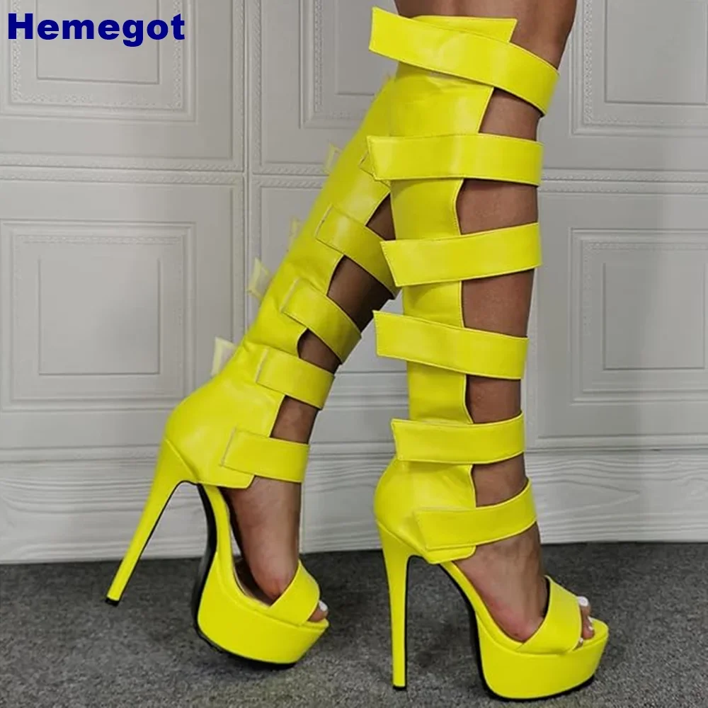 

Platform Hollow Summer Knee-High Boots 2024 Solid Color Fashion Ladies Peep Toe Sandals Sexy Banquet Catwalk Street Long Boots