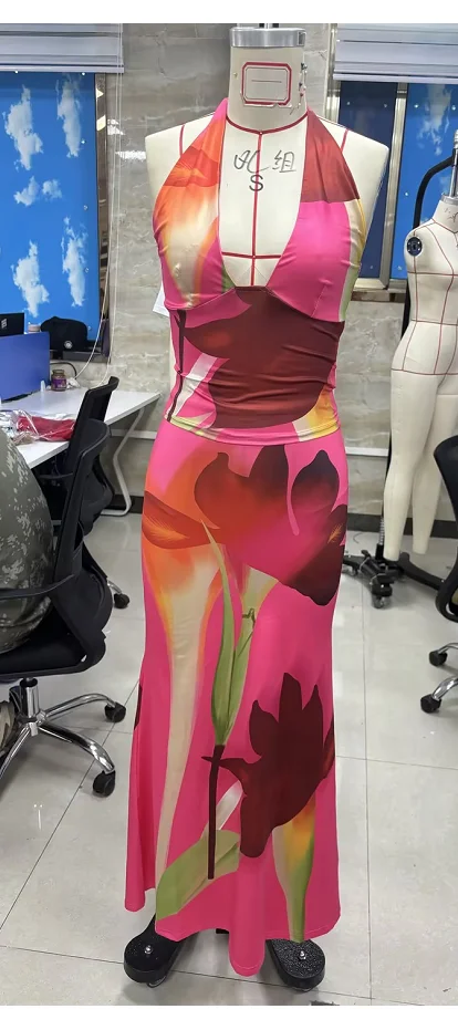 

Women's Summer Outfits Floral Print Sleeveless Halter Tie-up Open Back Tank Tops and Slim Fit Bodycon Skirt Set Party Clothes