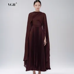 VGH Solid Spliced Folds Slimming Dresses For Women Round Neck Shawl Sleeves High Wasit Elegant evening Dress Female Fashion New