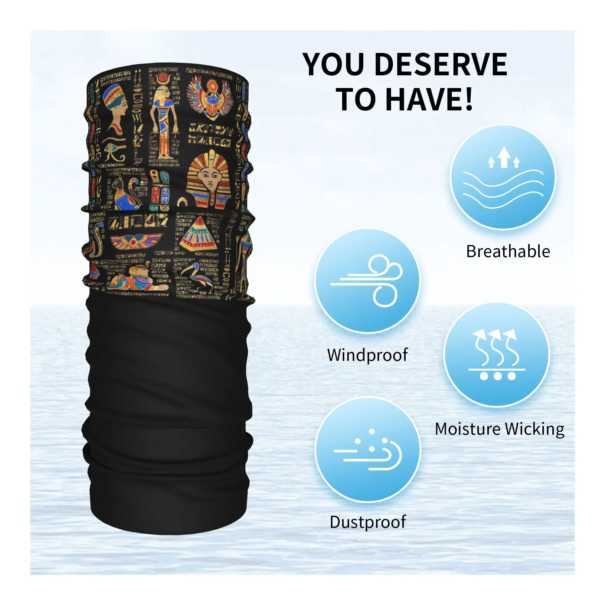 الهيروغليفية المصرية والآلهة على غطاء الرقبة باندانا سوداء قناع مطبوع وشاح متعدد الاستخدام عقال ركوب للجنسين الكبار قابل للغسل