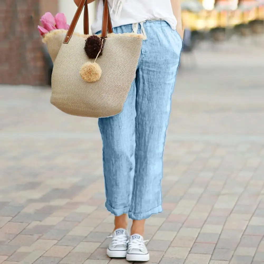 Calça feminina de algodão de linho no comprimento do tornozelo, calça casual feminina com elástico na cintura, calça reta solta, monocromática, moda verão, 2024