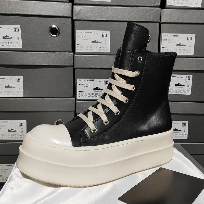 

Кожаные ботинки-полусапожки на платформе, высокие кроссовки унисекс, модная обувь с круглым носком на молнии, каблук 7 см