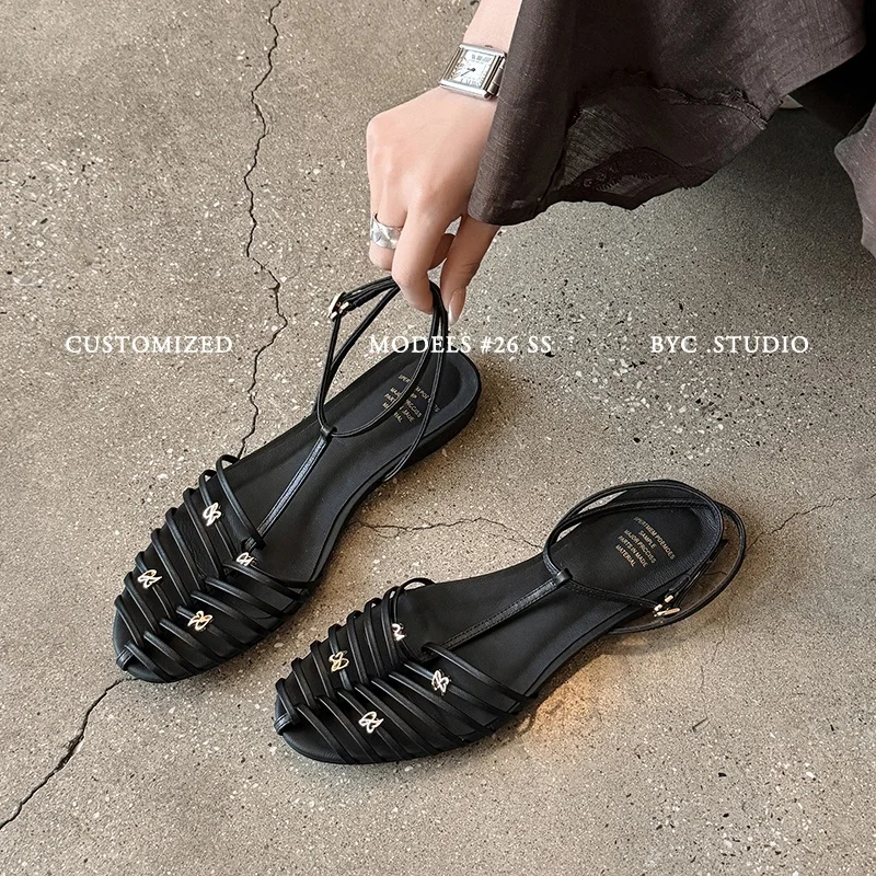 2026 summer women sandals natural leather plus size 22-25.5cm cowhide+microfiber weave+sheepskin buckle low heel women shoes view 3