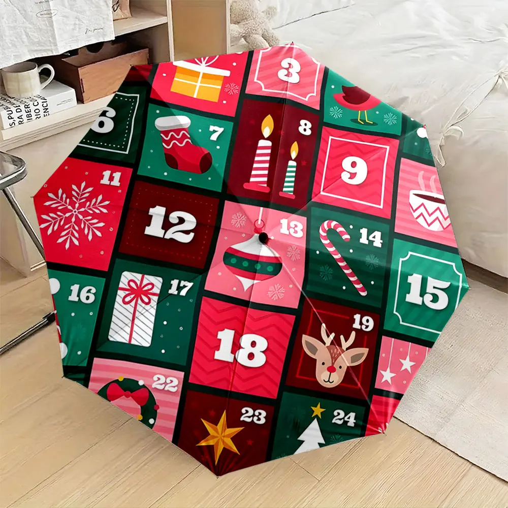 1PC Christmas-themed calendar umbrella with decorative numbers Print 8 Iron Ribs Folding Umbrella Auto-Open Fashion Sunshade
