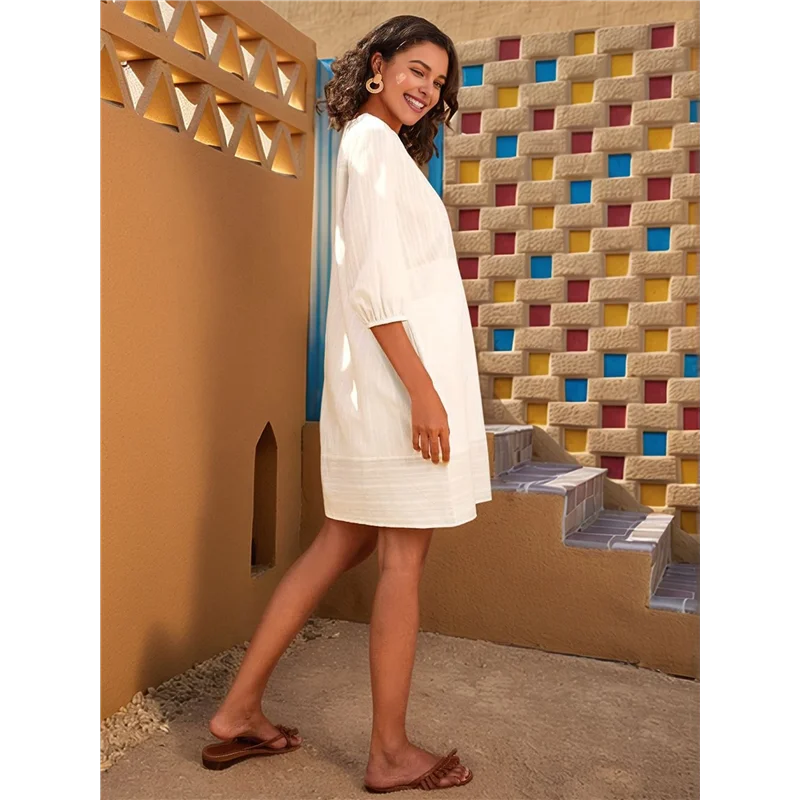 AOAO-Womens V Neck Cotton Casual Loose Shift Tunic Smock Summer Dresses Vacation Dress 3/4 Sleeve Pocket