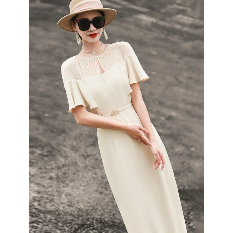 

MEXCOCO 2026 Summer New Elegant High Sense Ruffle Sleeve Spliced Tie Waist Slim Fit Bodycon Dress