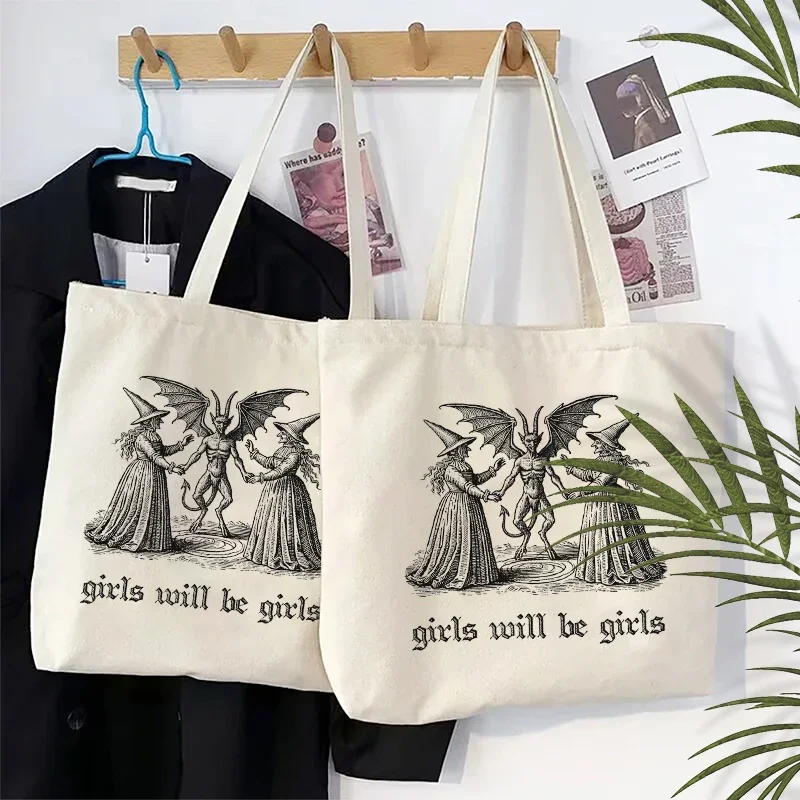 Girls Will Be Girls Witch Canvas Tote Bag Organizer New Large Capacity Travel Storage Shoulder Bag Handbag Halloween Spooky Gift