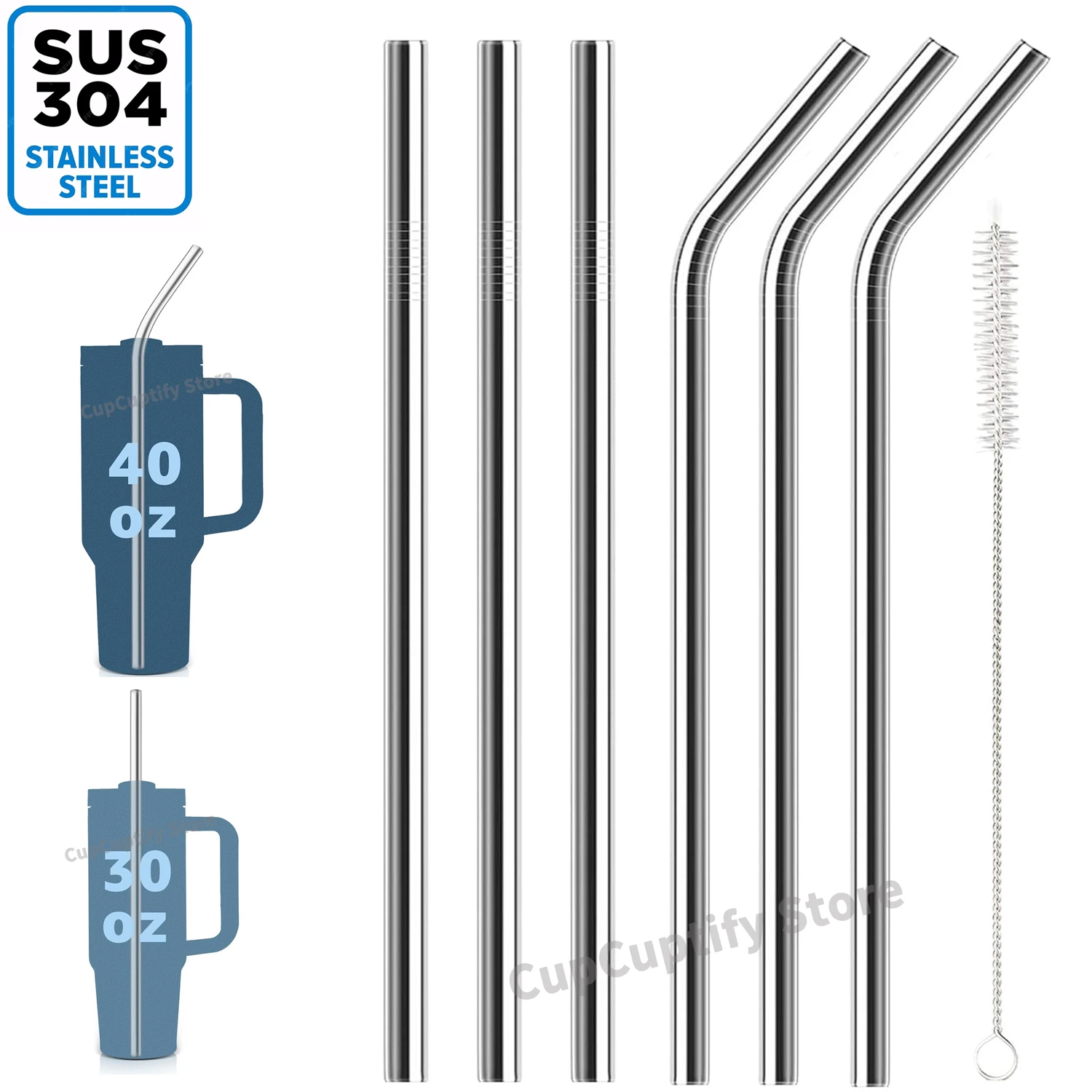 8PC Compatible with Stanley 30/40oz Cup Tumbler Straight Bent Stainless Steel Straw Silver 8mm Straw Reusable Cleaning Brush Set