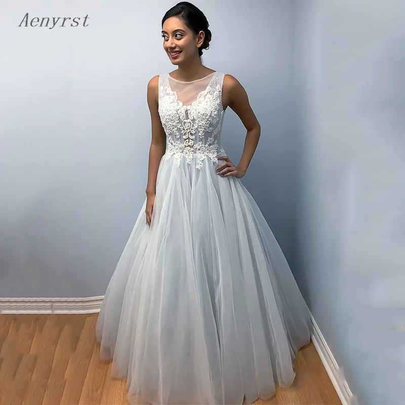 Aenyrst Women's Lace Wedding Dresses Illusion Neck Appliques Bridal Gowns A Line Floor Length Bride Wear 2024