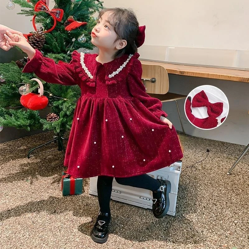 Girl Dress Kids Party Birthday Evening Gown 2023 Red Wine Winter Autumn Cotton Plus Thicken Flower Girl Dress Teenagers Children