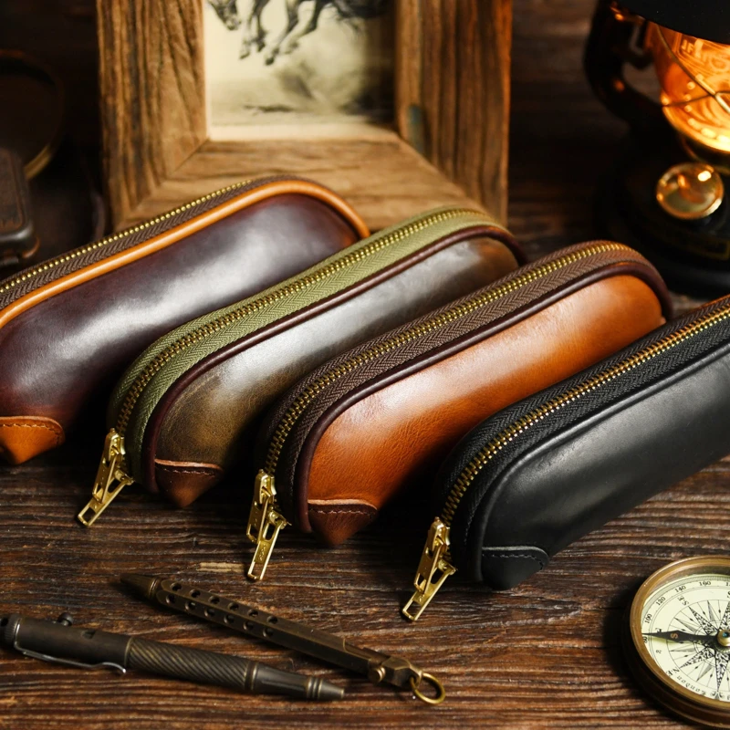 

Imported Leather Pencil Case Zippered Stationery Pouch Cosmetic Brush Organizer Handy Belt Bag Artisan Crafted Tool Holder