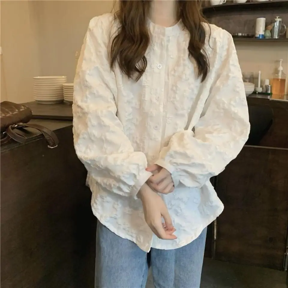 

White Blouse Women 2025 Autumn Spring Korean Sweet 3D Flower Lace Long Sleeve Women Tops