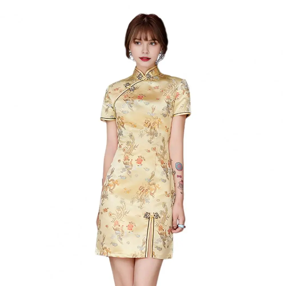 Short-sleeve Cheongsam Elegant Dragon Phoenix Print Cheongsam Dress for Women Slim Fit Retro Chinese Style Qipao for Wedding