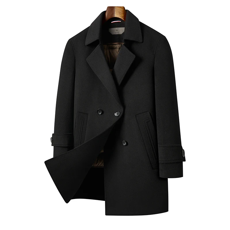 Subtle Luxury Men Elegant Cashmere Overcoat Black Coffee Double Breasted Design Basic Coat Goose Down Vest Lining Topcoat Winter