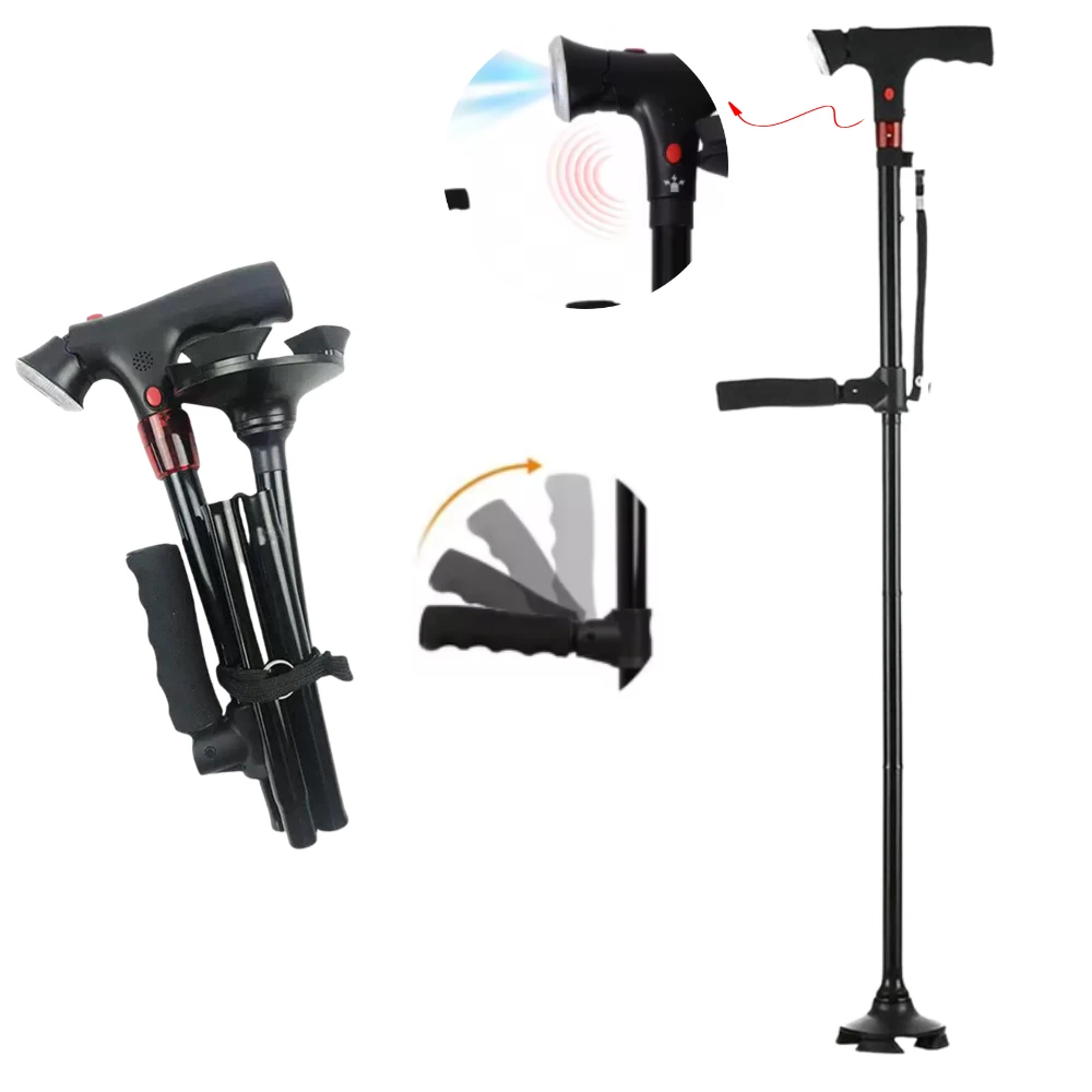 Muletas plegables bastón para caminar con luz LED ajustable ligero plegable antideslizante bastón para hombres mayores muleta para mayores