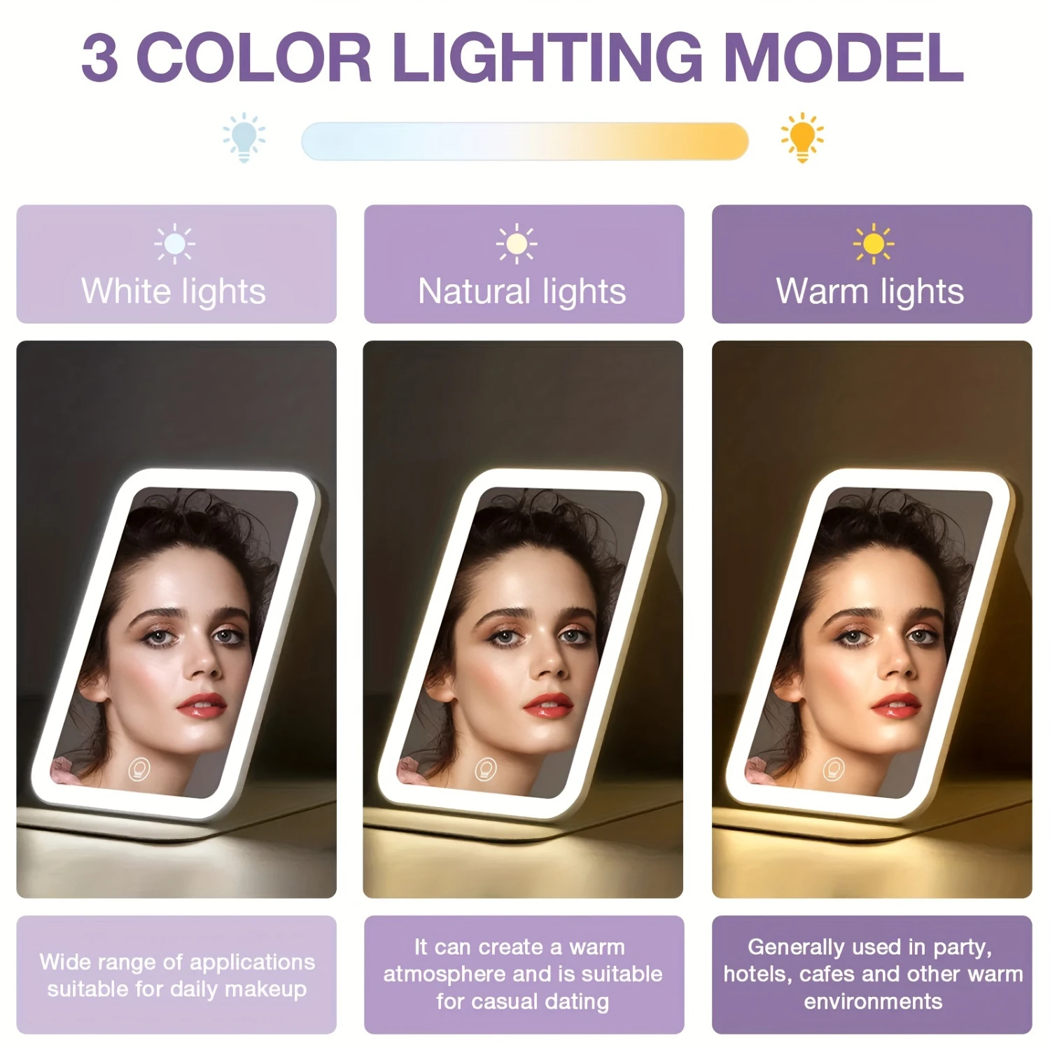 Folding Pu Makeup Mirror With 3 Color Dimmable Screen and LED Light for Travel Beauty，Portable Travel Makeup Mirror with Adjus