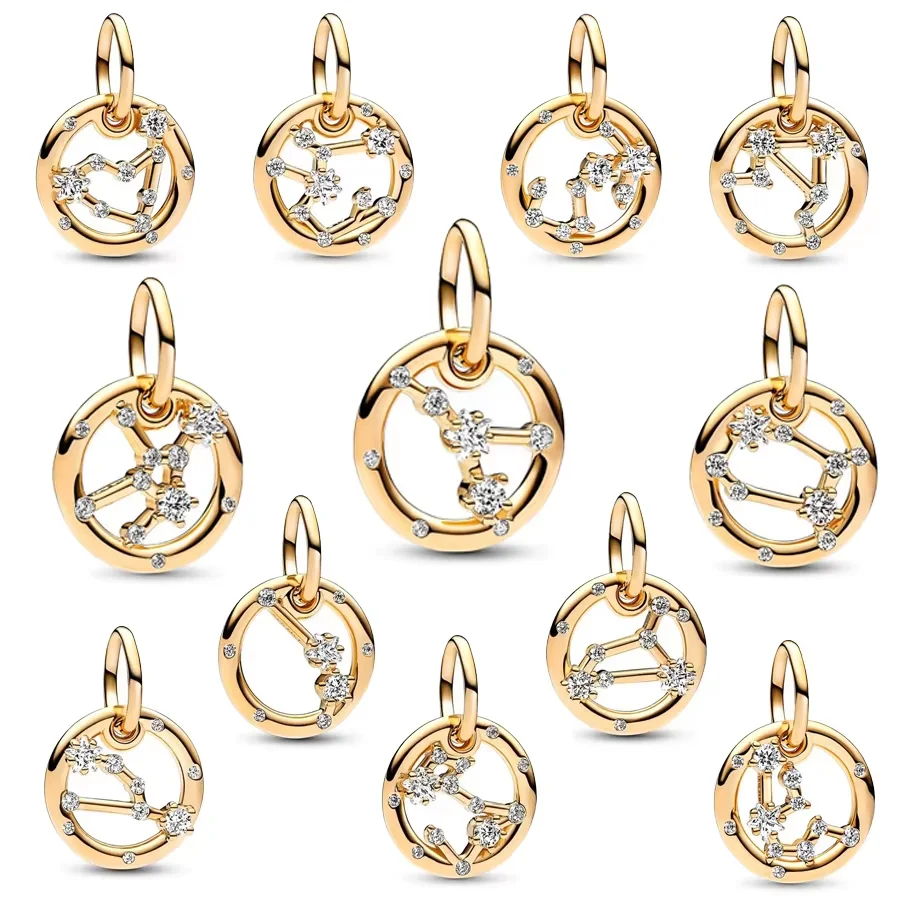 Authentic Gold Plated 12 Zodiac Signs Dangle Charm Bead Fit Original 925 Sterling Silver Bracelet DIY Women Jewelry Gift