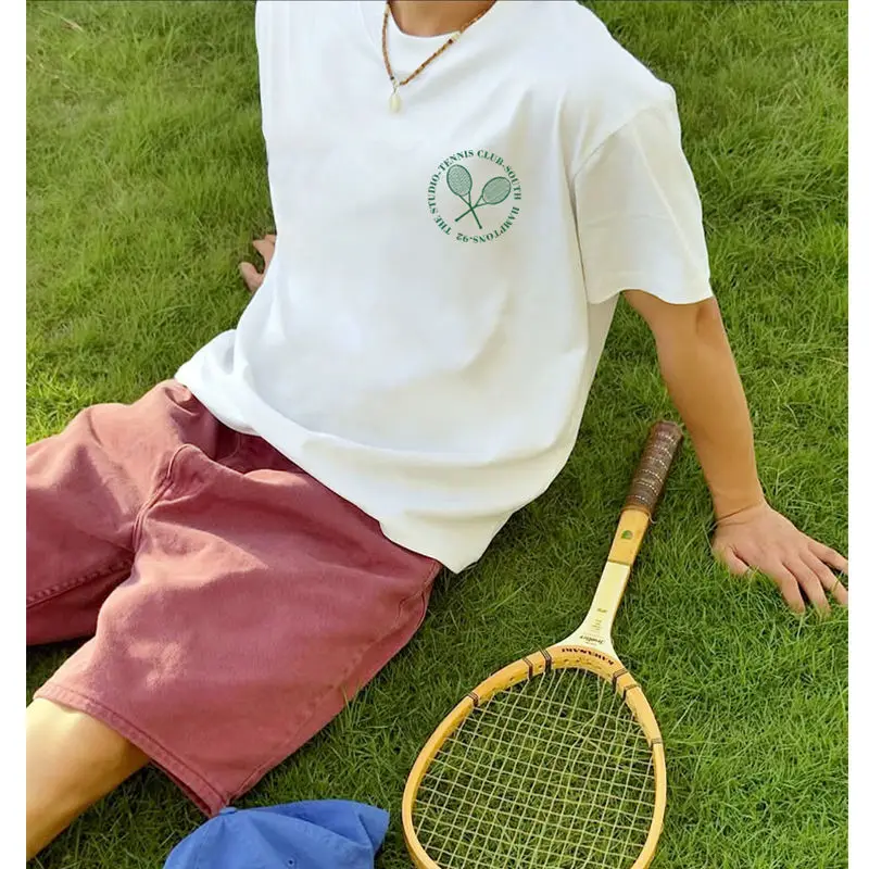 

T-shirt De Sport De Course Décontracté En Pur Coton Rétro Américain Jouant Au Tennis Nouveau T-shirt Impression De Lettres Homme