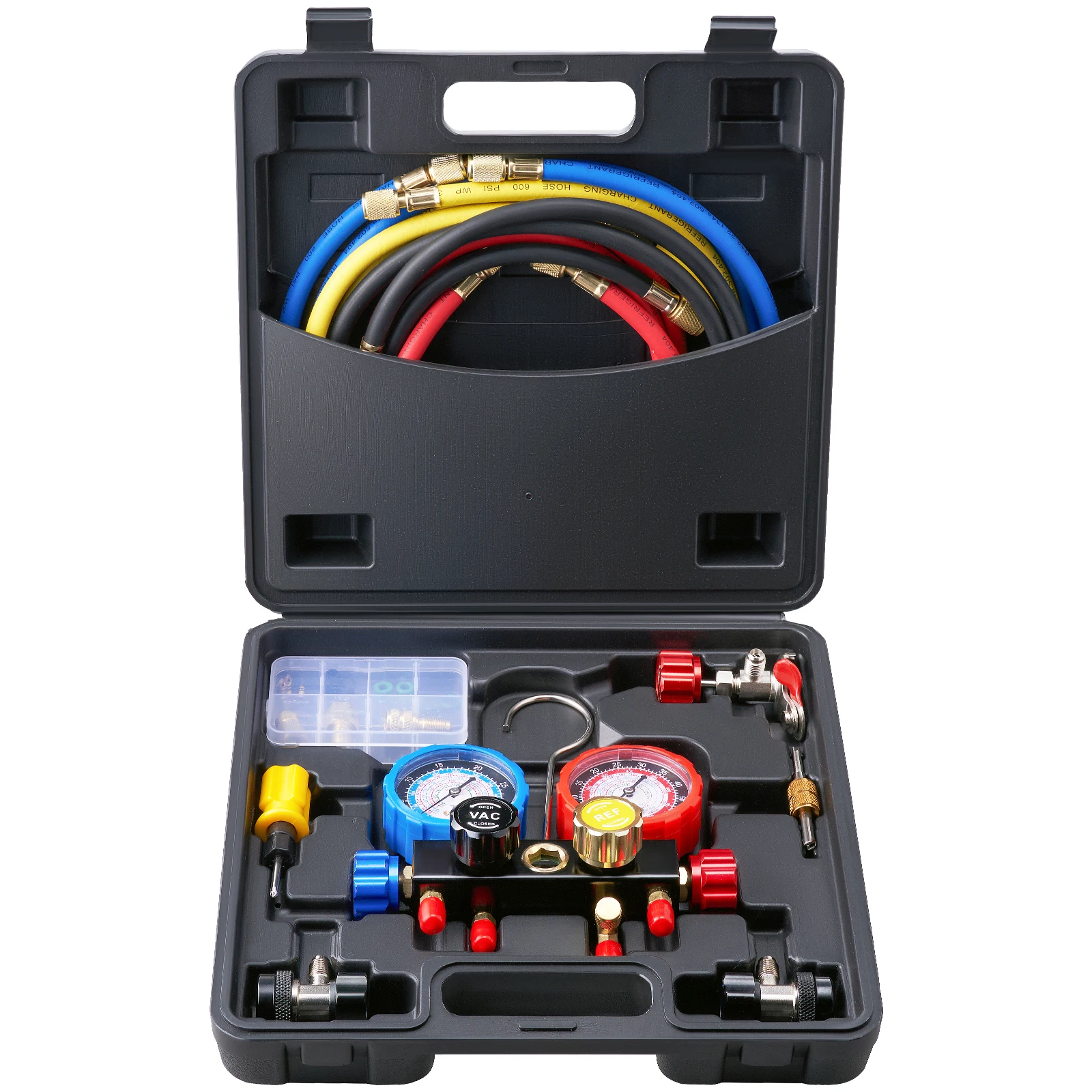 SucceBuy Juego de manómetros de colector de CA de 4 vías, mangueras de 5 pies para R134A/R22/R12/R410A, funciona en el coche, carga y evacuación de freón