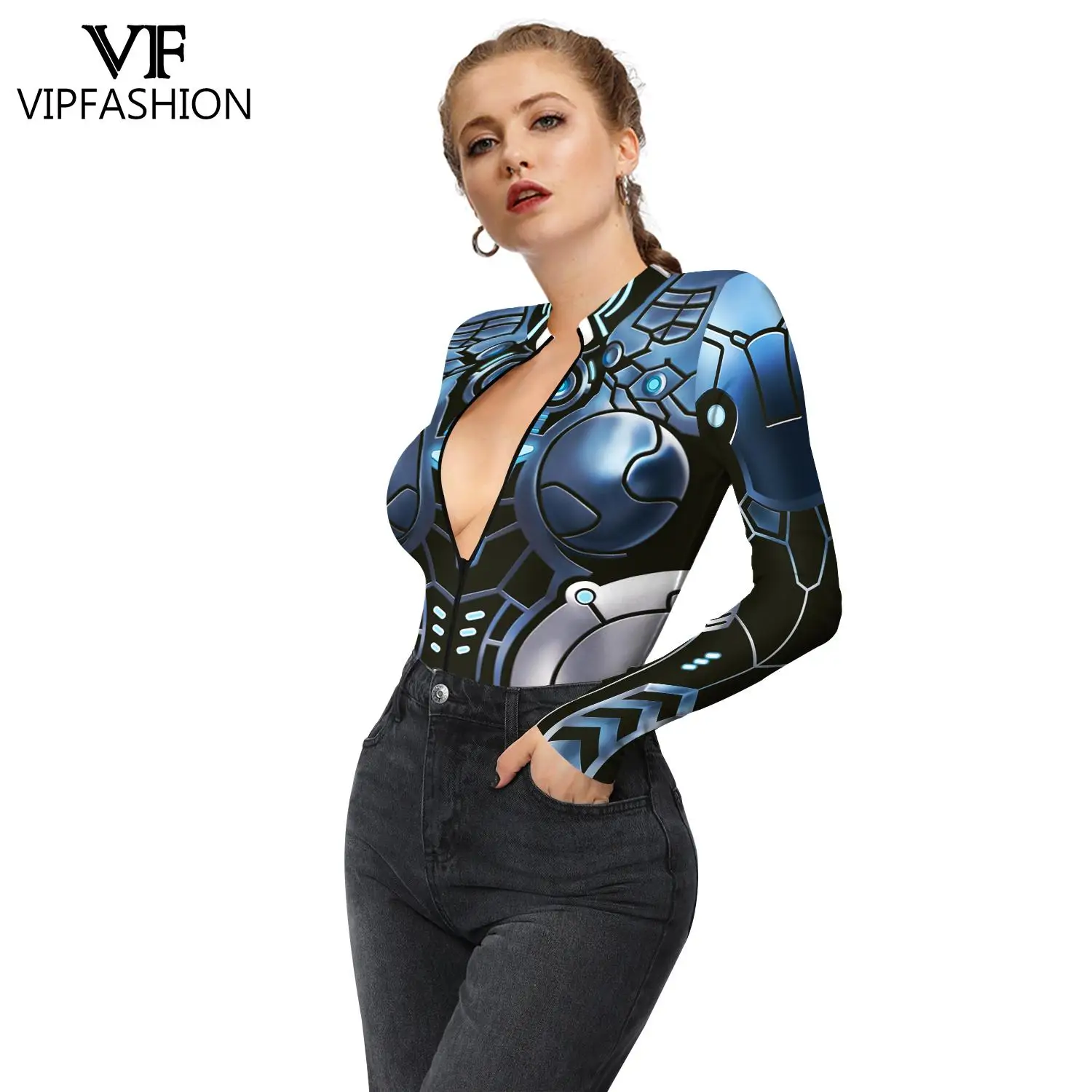 VIP FASHION Halloween Women Cosplay Robot Punk Printed Zentai One Piece Bodysuits Carnival Punk Performance Costume