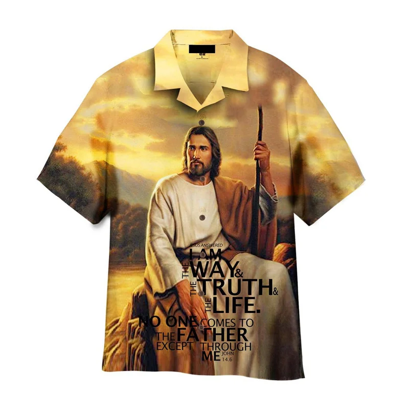 Chemise hawaïenne graphique de Jésus rétro pour hommes, vêtements College en 3D, chemises du christianisme, chemisier boutonné à manches courtes, rue d'été