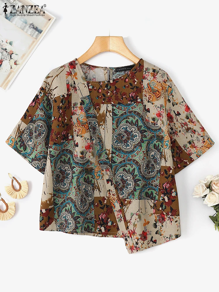 

ZANZEA Printing Blouse Women Irregular Hem Cotton Tops 2025 Casual Short Sleeve Tunic Female OL Work Blusa Summer Beach Pullover