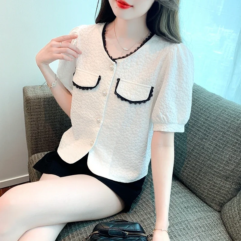 New Summer Short Sleeve O-Neck Women Shirt Casual Cihffon Shirt Blouse Women Tops Blusas Mujer De Moda 2024 Verano Blusa G669