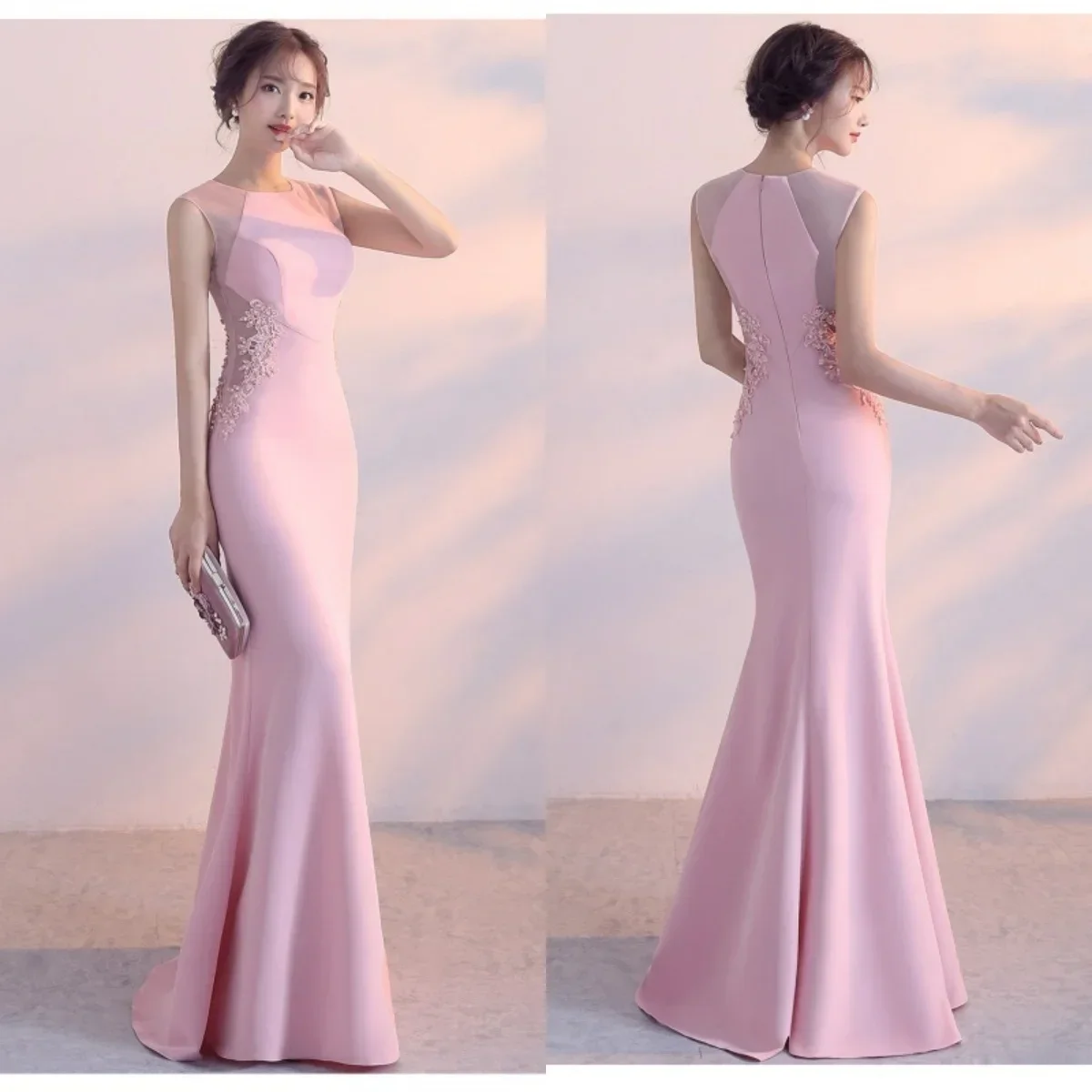 

Evening Dress Pink Stretchy Appliques Sequins Zipper Back Mermaid Trumpet Floor Length Women Party Formal Gowns YE094